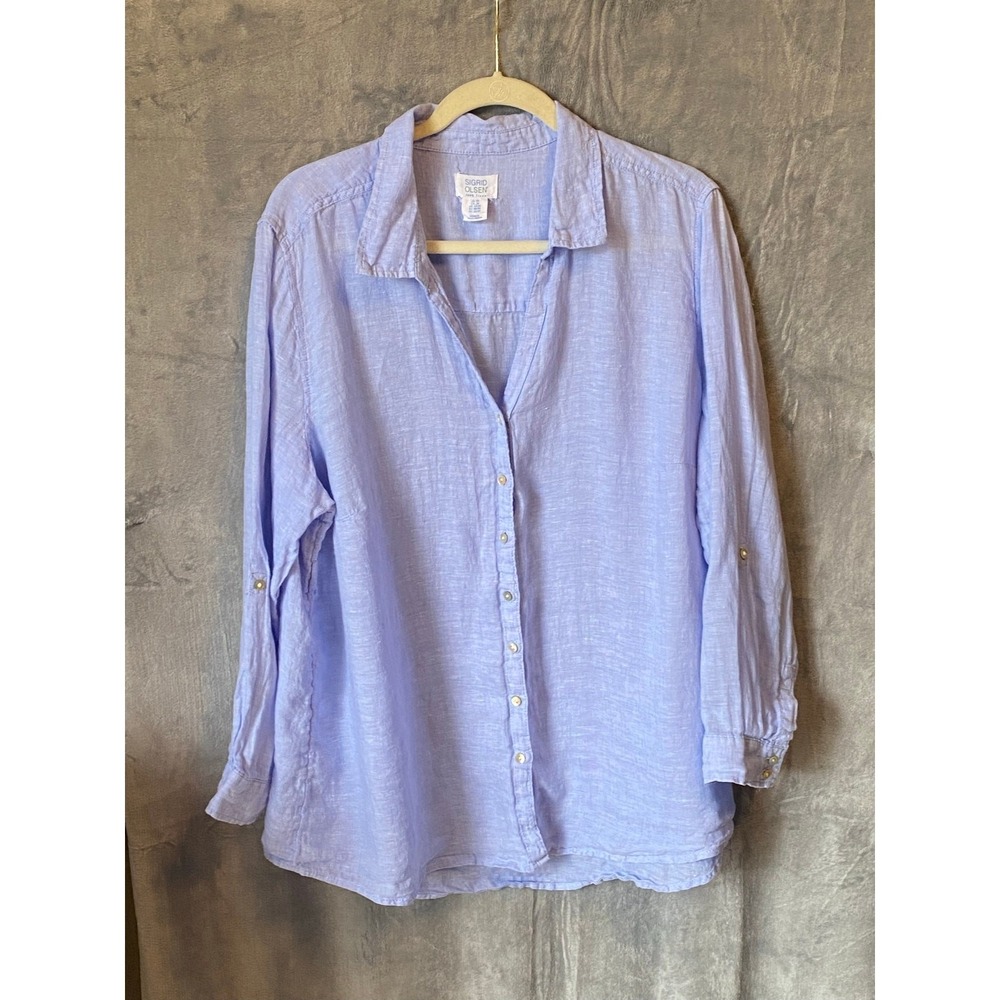 Sigrid Olsen Womens Plus 2X Blue 100% Linen Button Up Oversized Coastal Relaxed